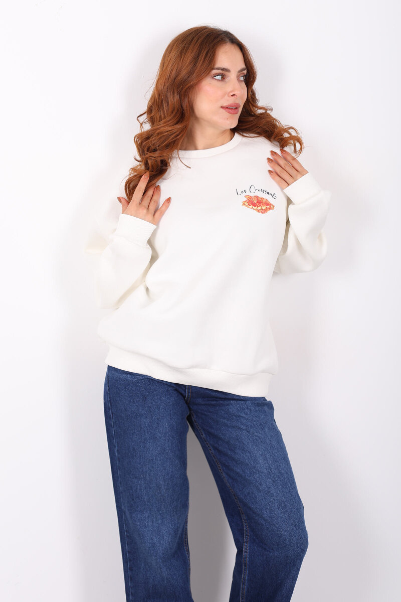 Kruvasan Baskılı Oversize Kadın Ekru Sweat - 3