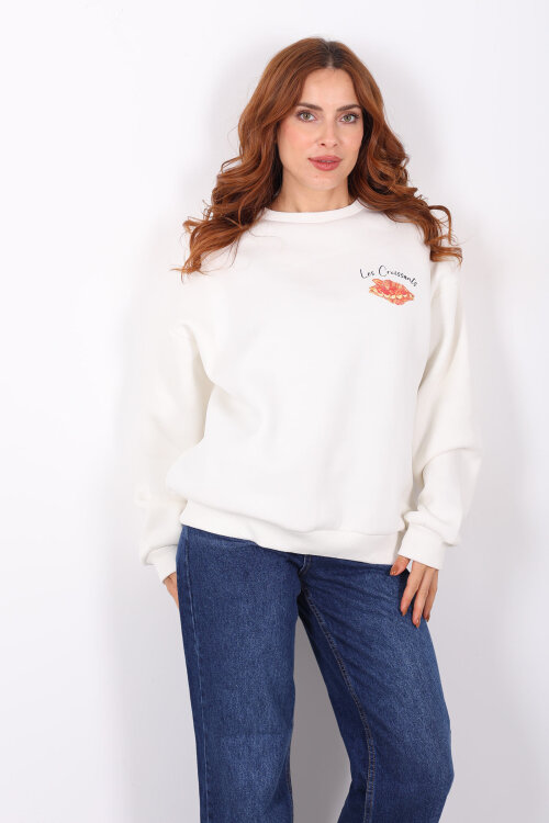 Kruvasan Baskılı Oversize Kadın Ekru Sweat - 6