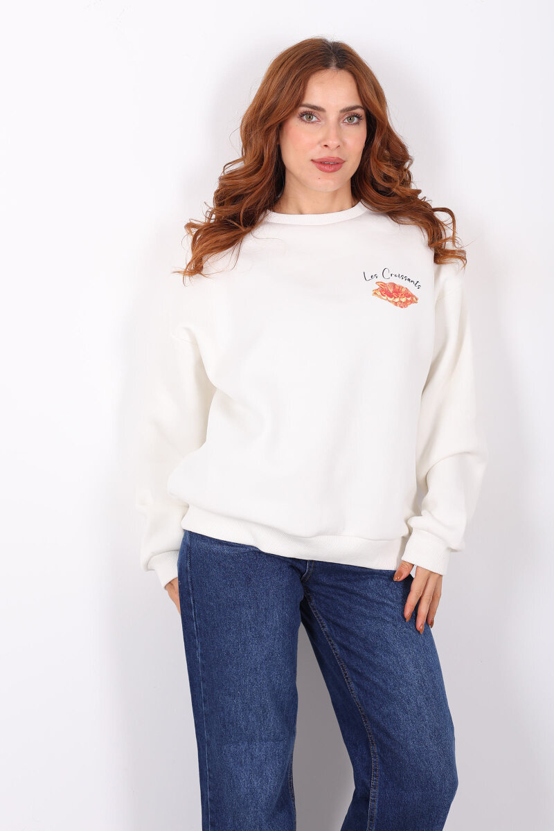 Kruvasan Baskılı Oversize Kadın Ekru Sweat - 6