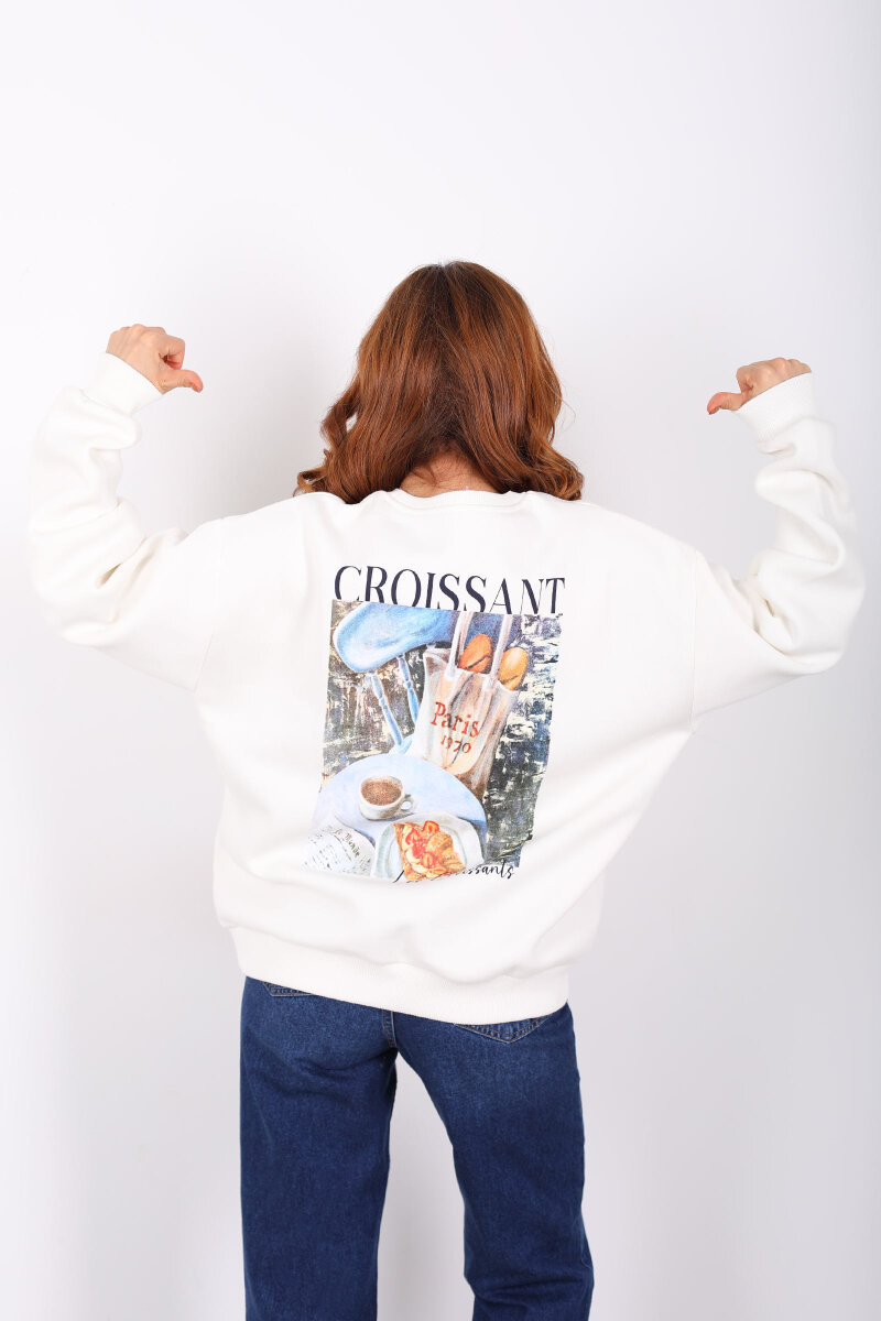 Kruvasan Baskılı Oversize Kadın Ekru Sweat - 2