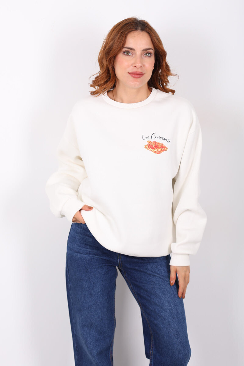 Kruvasan Baskılı Oversize Kadın Ekru Sweat - 1