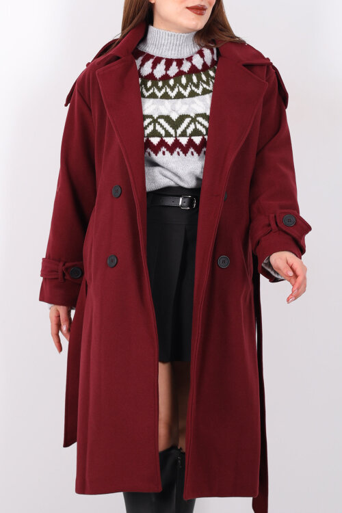 Kuşaklı Düğme Detaylı Bordo Kadın Kaşe Kaban - Berox (1)