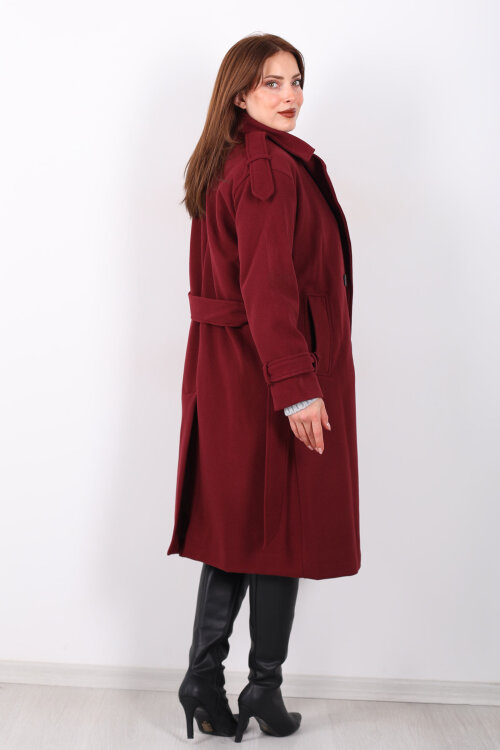 Kuşaklı Düğme Detaylı Bordo Kadın Kaşe Kaban - 5