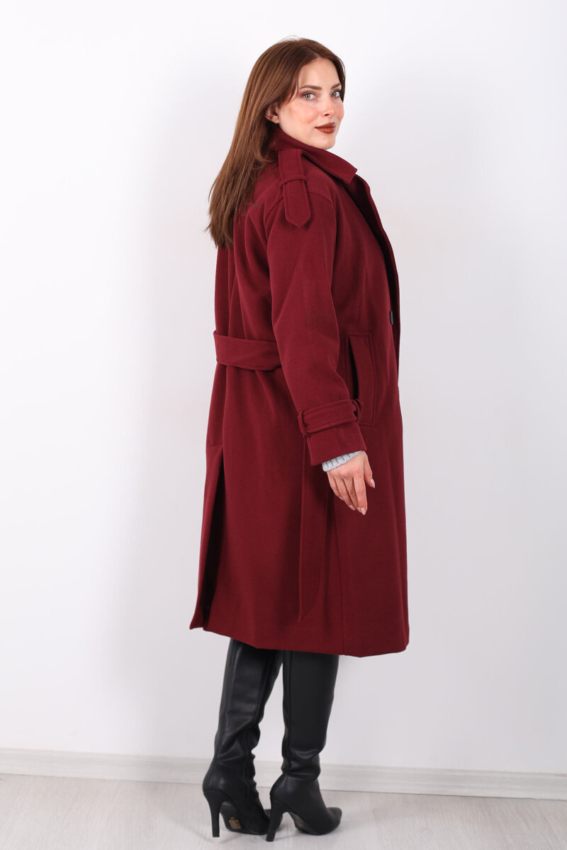 Kuşaklı Düğme Detaylı Bordo Kadın Kaşe Kaban - 5