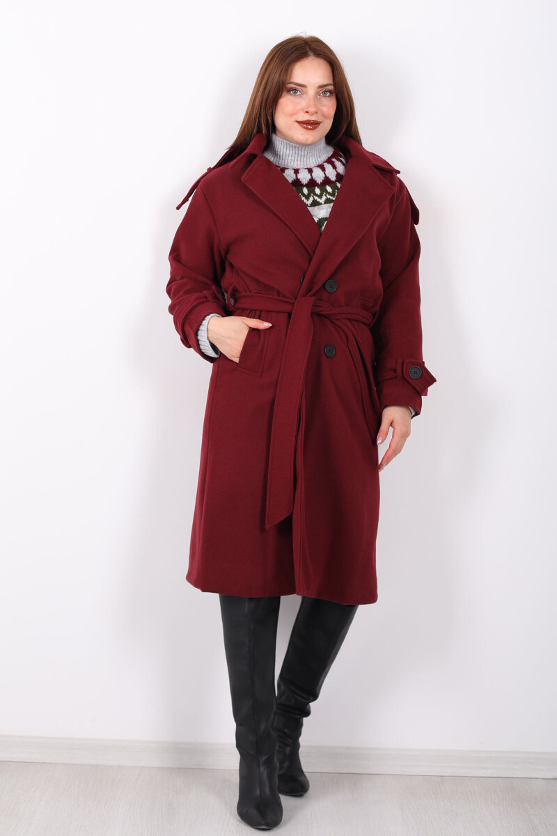 Kuşaklı Düğme Detaylı Bordo Kadın Kaşe Kaban - 7