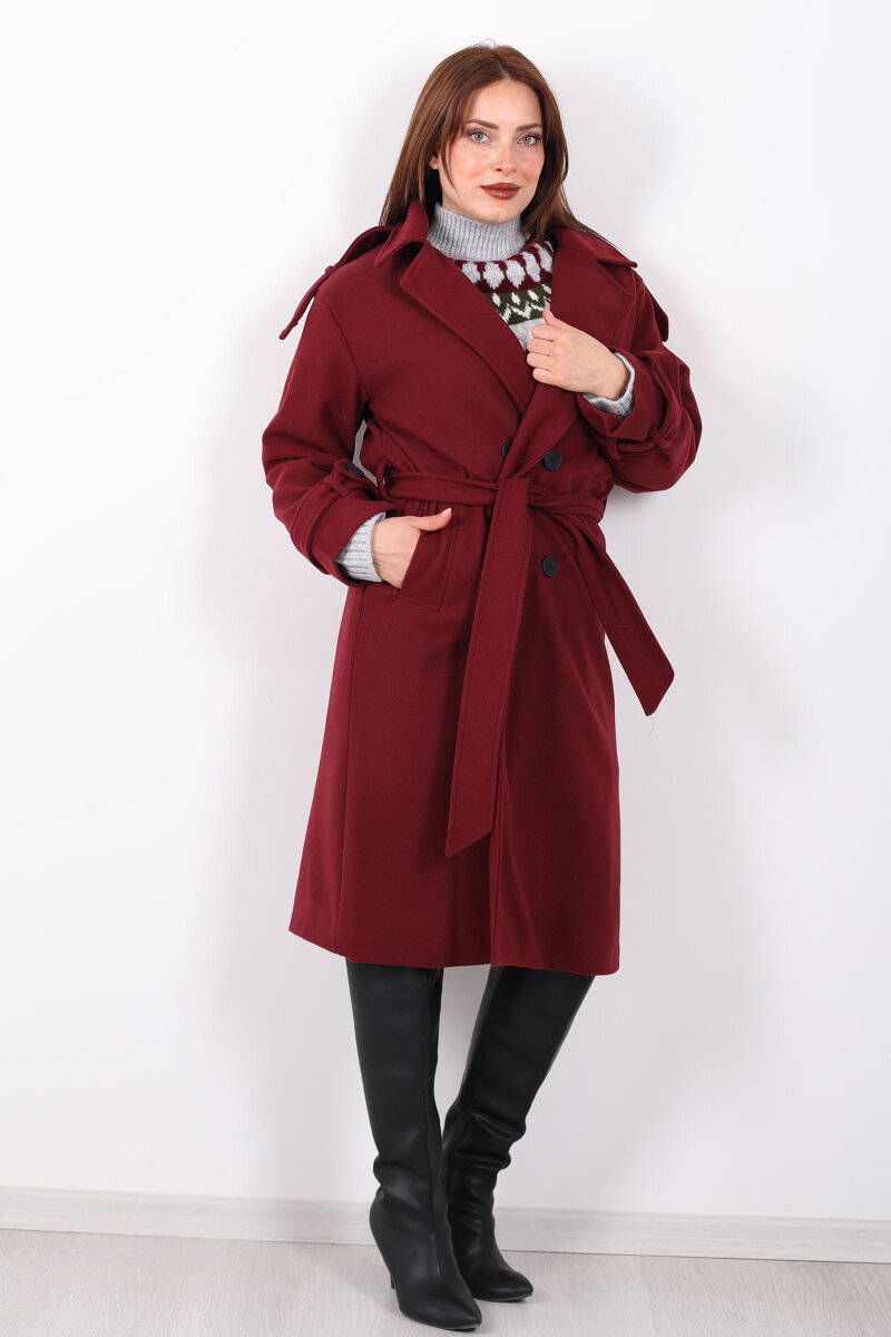 Kuşaklı Düğme Detaylı Bordo Kadın Kaşe Kaban - 3