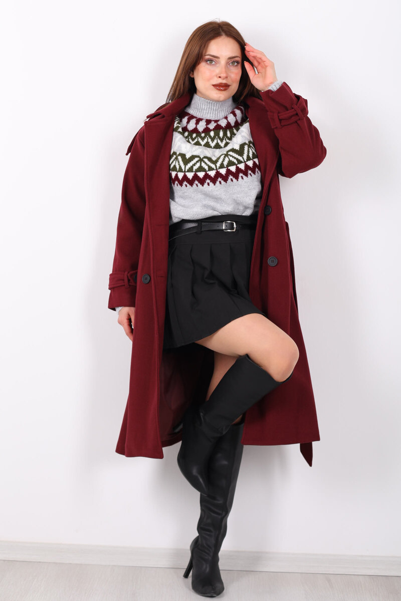 Kuşaklı Düğme Detaylı Bordo Kadın Kaşe Kaban - 4