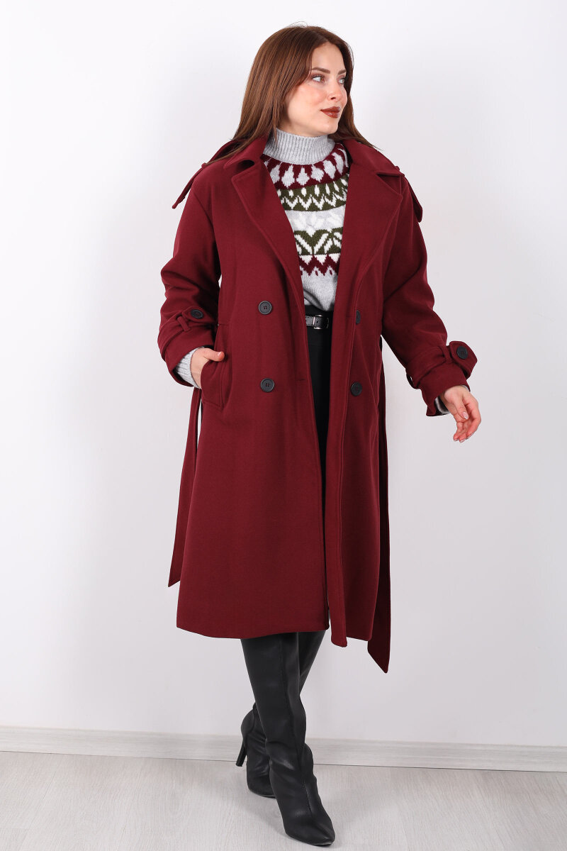 Kuşaklı Düğme Detaylı Bordo Kadın Kaşe Kaban - 6