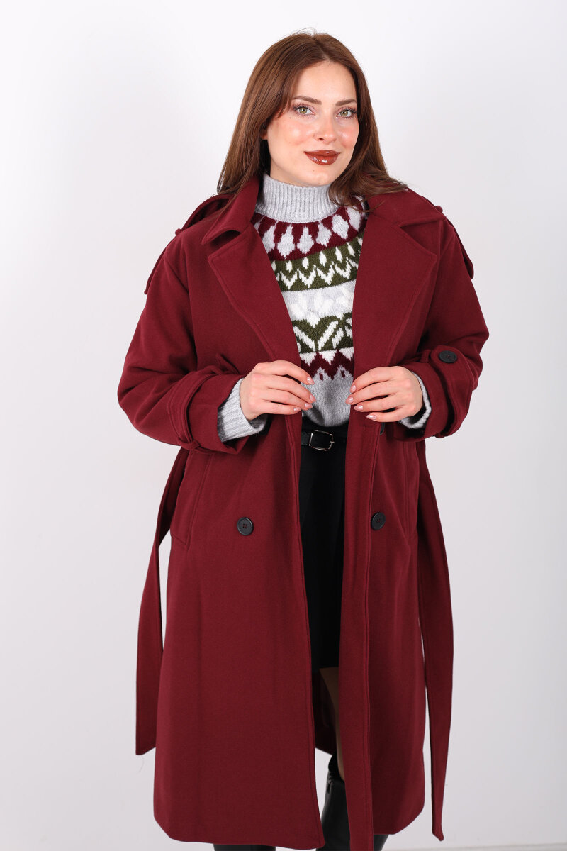 Kuşaklı Düğme Detaylı Bordo Kadın Kaşe Kaban - 1