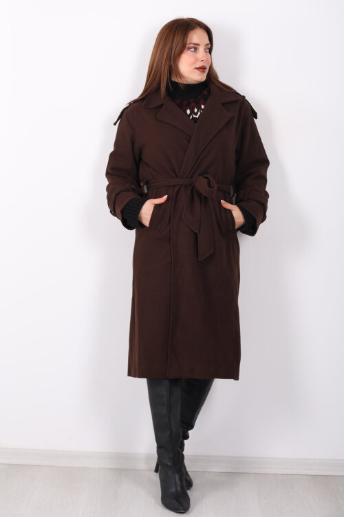 Kuşaklı Düğme Detaylı Kahverengi Kadın Kaşe Kaban - 3