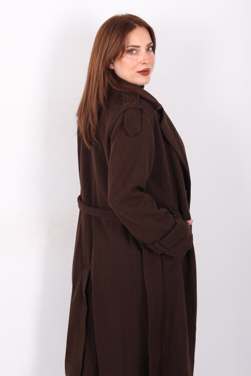 Kuşaklı Düğme Detaylı Kahverengi Kadın Kaşe Kaban - 5