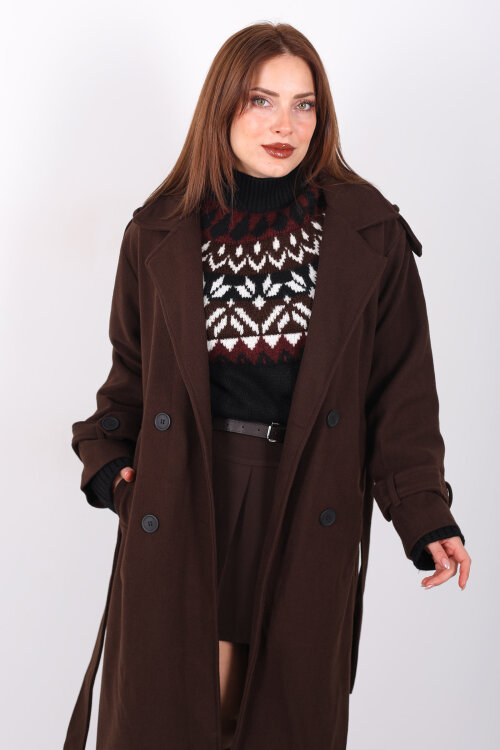 Kuşaklı Düğme Detaylı Kahverengi Kadın Kaşe Kaban - 6