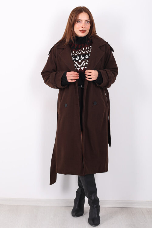 Kuşaklı Düğme Detaylı Kahverengi Kadın Kaşe Kaban - 7