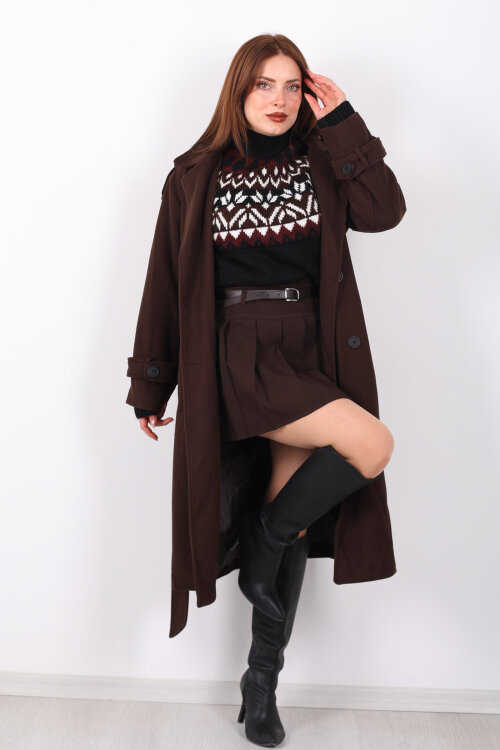 Kuşaklı Düğme Detaylı Kahverengi Kadın Kaşe Kaban - Berox