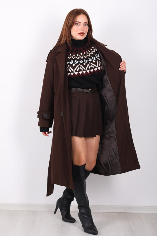 Kuşaklı Düğme Detaylı Kahverengi Kadın Kaşe Kaban - 4