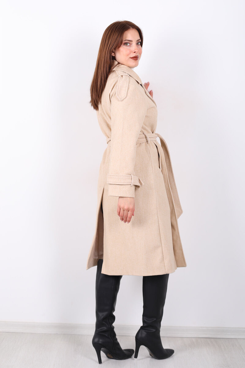 Kuşaklı Düğme Detaylı Krem Kadın Kaşe Kaban - 5