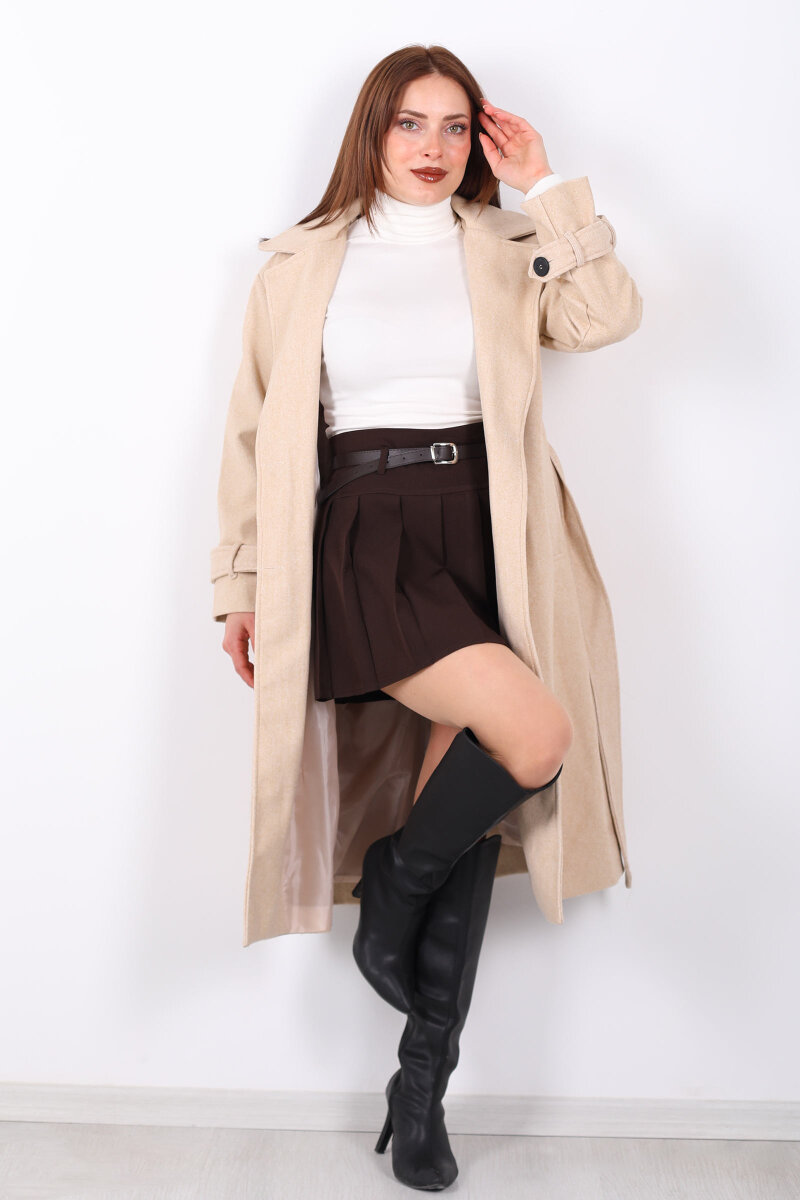 Kuşaklı Düğme Detaylı Krem Kadın Kaşe Kaban - 6