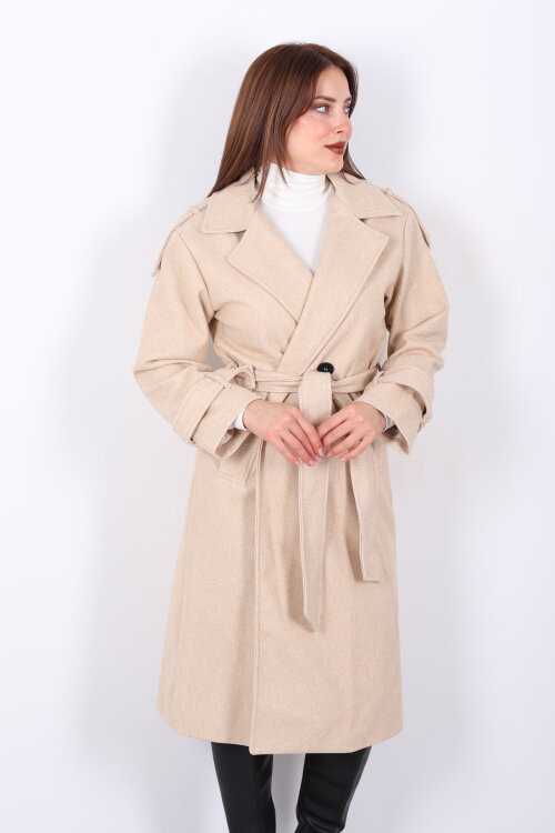 Kuşaklı Düğme Detaylı Krem Kadın Kaşe Kaban - 7