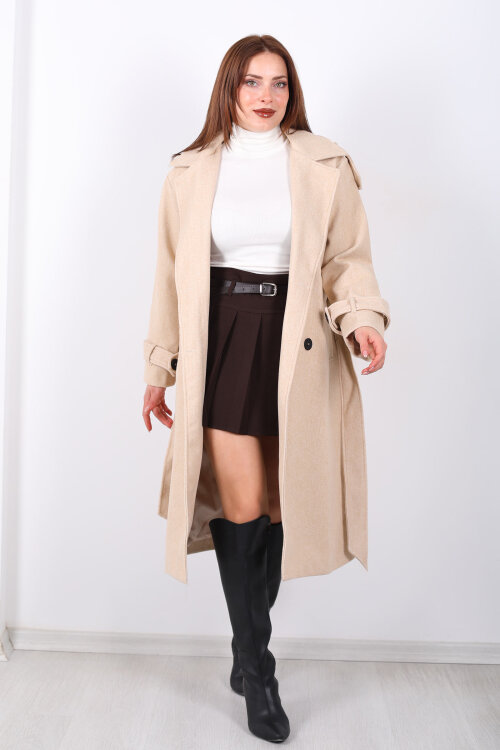 Kuşaklı Düğme Detaylı Krem Kadın Kaşe Kaban - 4