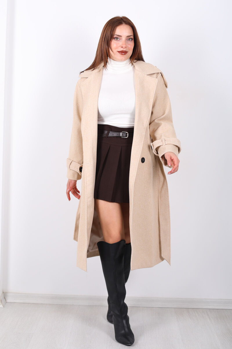 Kuşaklı Düğme Detaylı Krem Kadın Kaşe Kaban - 4