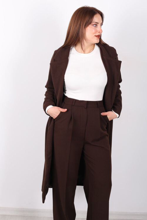 Kuşaklı Kaşe Acı Kahve Kadın Kaban - 4