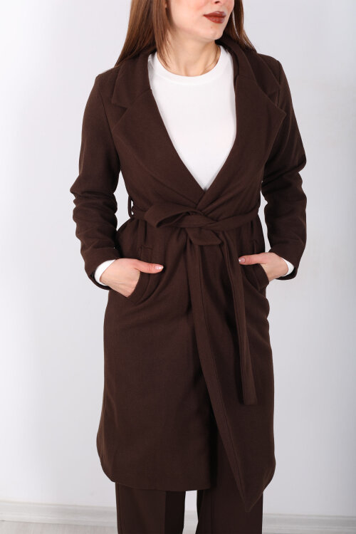 Kuşaklı Kaşe Acı Kahve Kadın Kaban - 2