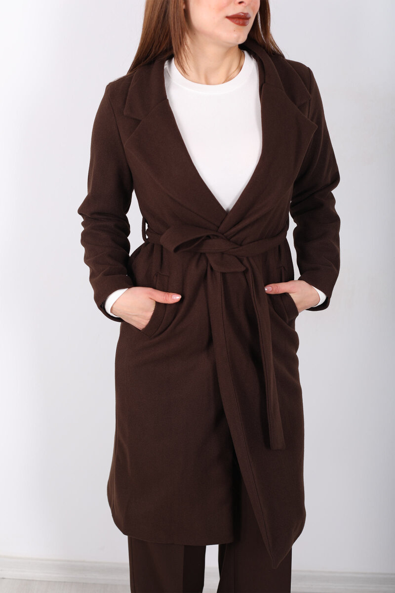 Kuşaklı Kaşe Acı Kahve Kadın Kaban - 2