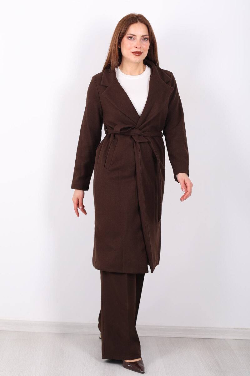 Kuşaklı Kaşe Acı Kahve Kadın Kaban - 5