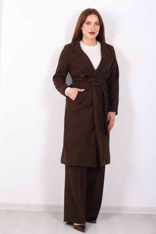 Kuşaklı Kaşe Acı Kahve Kadın Kaban - 7