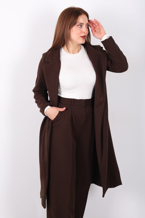 Kuşaklı Kaşe Acı Kahve Kadın Kaban 