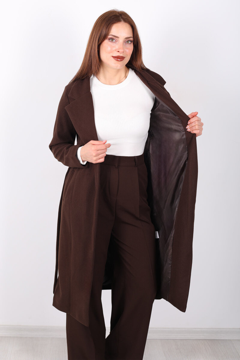 Kuşaklı Kaşe Acı Kahve Kadın Kaban - 3