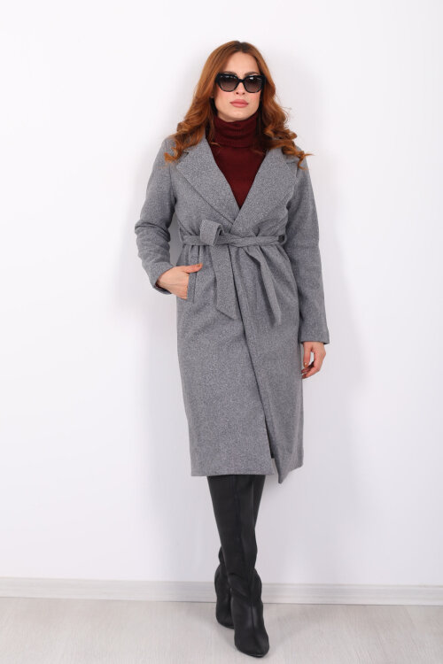 Kuşaklı Kaşe Antrasit Kadın Kaban - 7