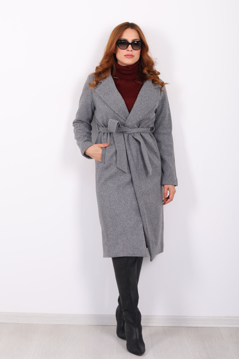 Kuşaklı Kaşe Antrasit Kadın Kaban - 7