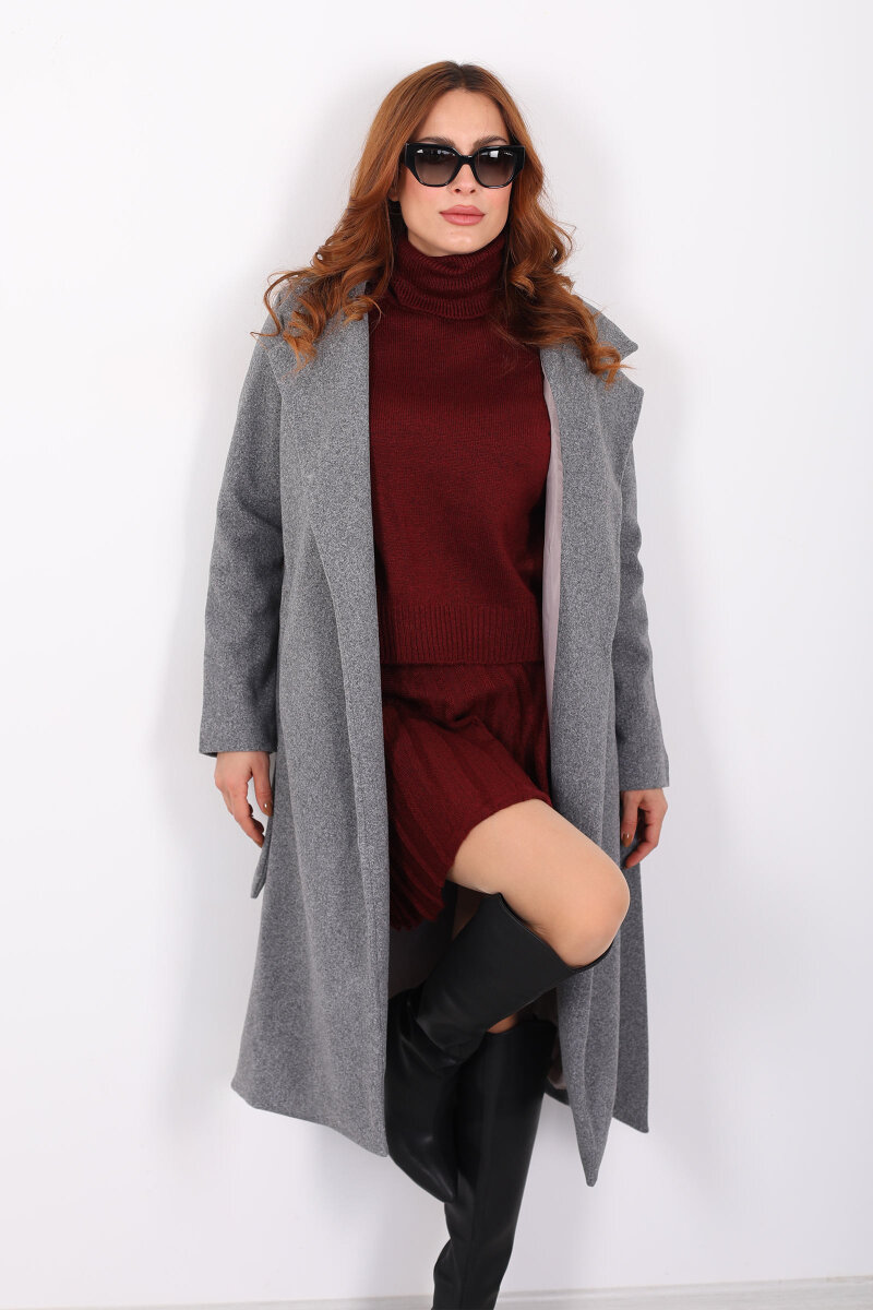 Kuşaklı Kaşe Antrasit Kadın Kaban - 6