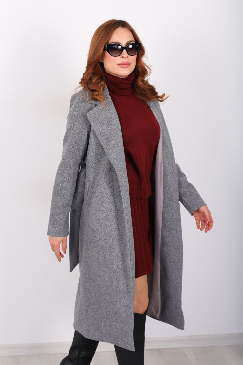 Kuşaklı Kaşe Antrasit Kadın Kaban - Berox