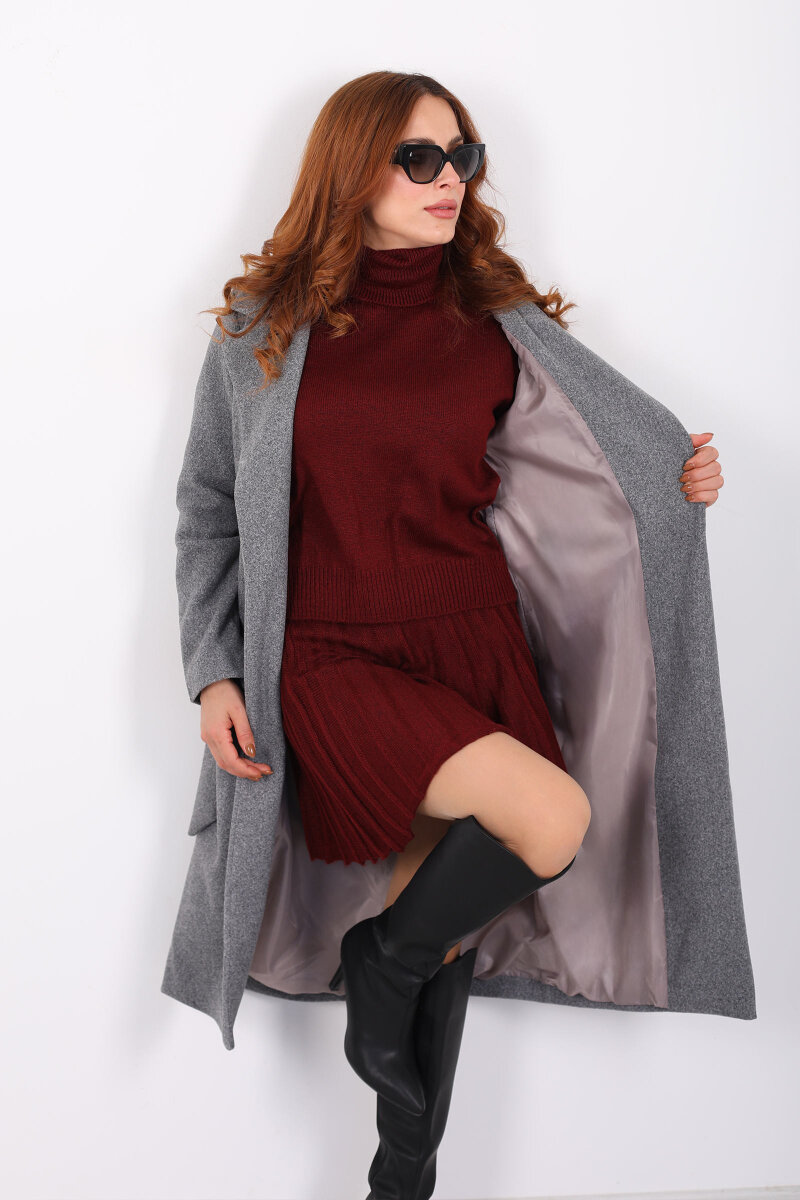 Kuşaklı Kaşe Antrasit Kadın Kaban - 3