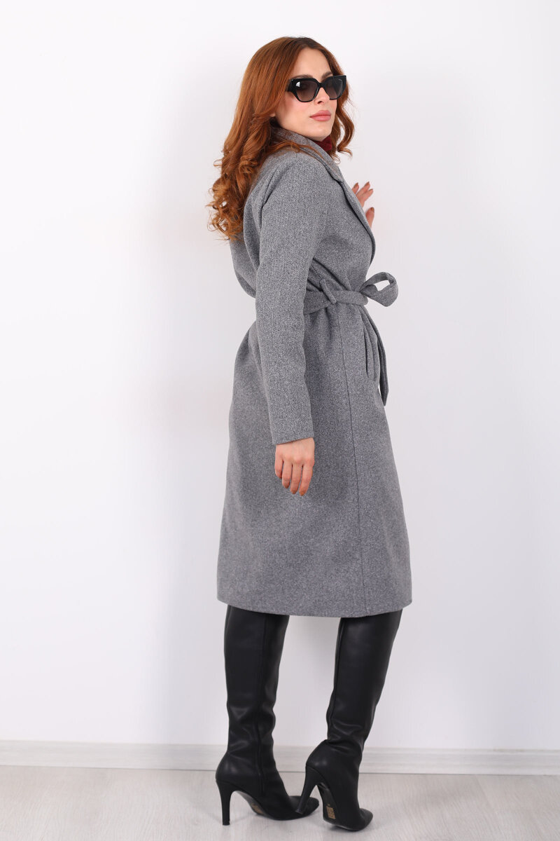 Kuşaklı Kaşe Antrasit Kadın Kaban - 5