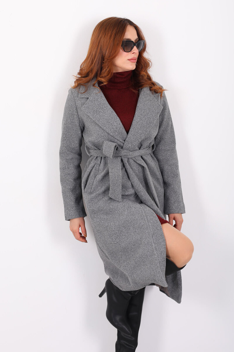 Kuşaklı Kaşe Antrasit Kadın Kaban - 2