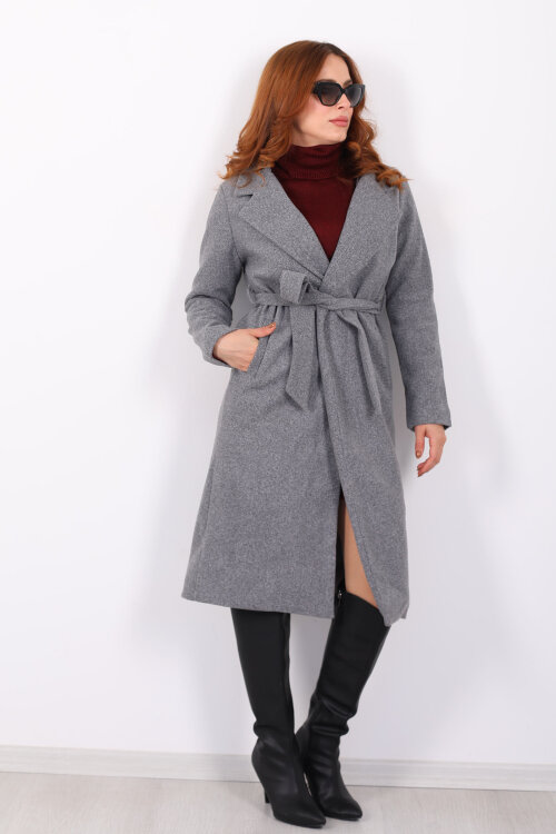 Kuşaklı Kaşe Antrasit Kadın Kaban - 4