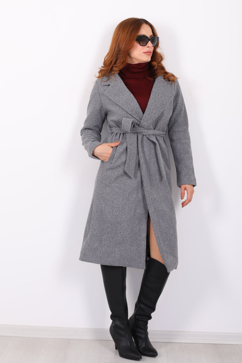 Kuşaklı Kaşe Antrasit Kadın Kaban - 4