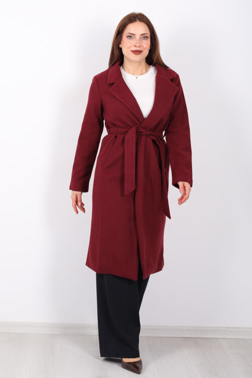 Kuşaklı Kaşe Bordo Kadın Kaban - 7