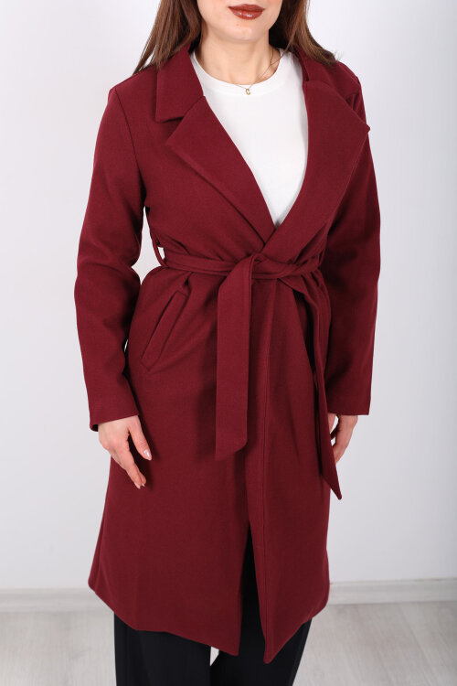 Kuşaklı Kaşe Bordo Kadın Kaban - 2