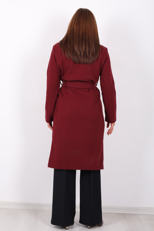 Kuşaklı Kaşe Bordo Kadın Kaban - 6