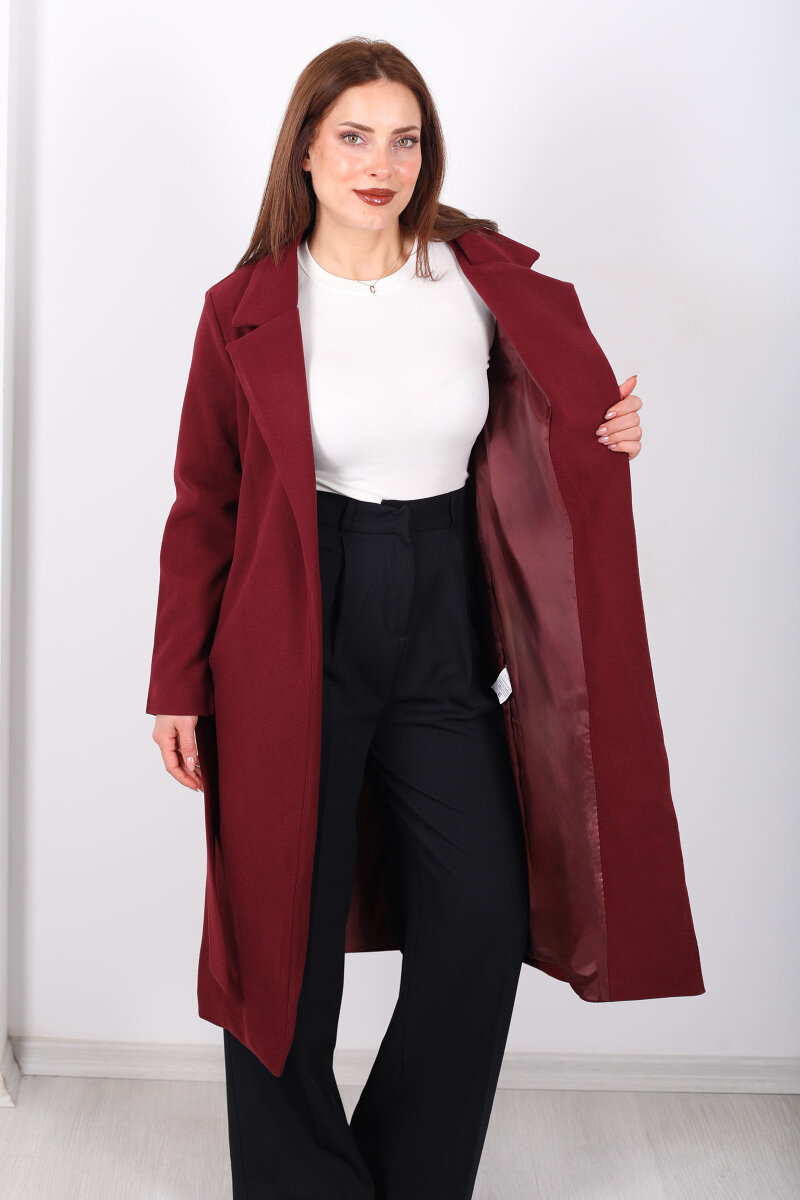 Kuşaklı Kaşe Bordo Kadın Kaban - 3