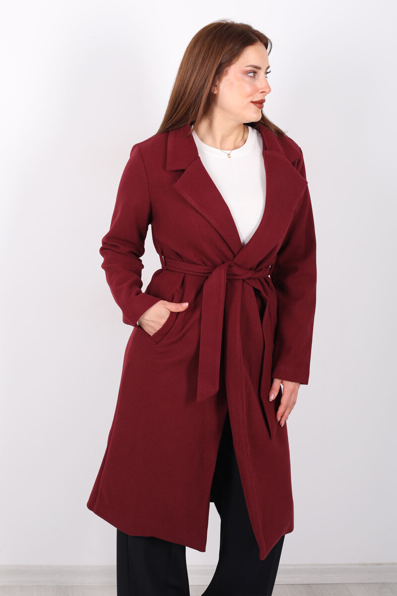 Kuşaklı Kaşe Bordo Kadın Kaban - 1