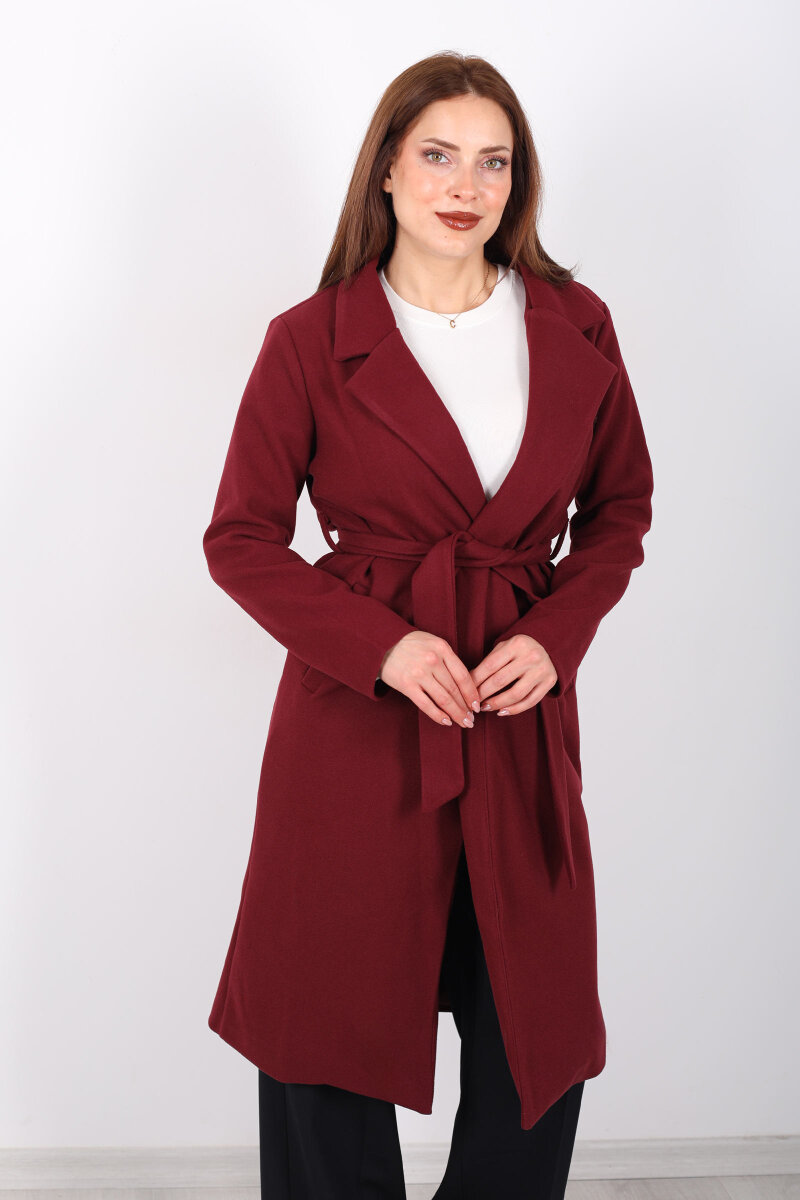 Kuşaklı Kaşe Bordo Kadın Kaban - 4