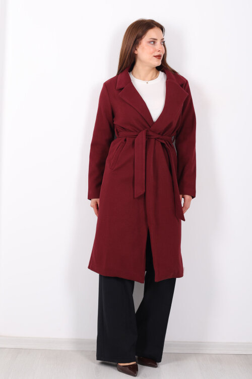 Kuşaklı Kaşe Bordo Kadın Kaban - 5