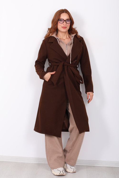 Kuşaklı Kaşe Kahverengi Kadın Kaban - Berox