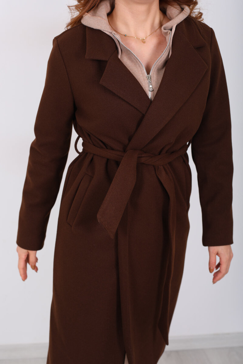 Kuşaklı Kaşe Kahverengi Kadın Kaban - 2