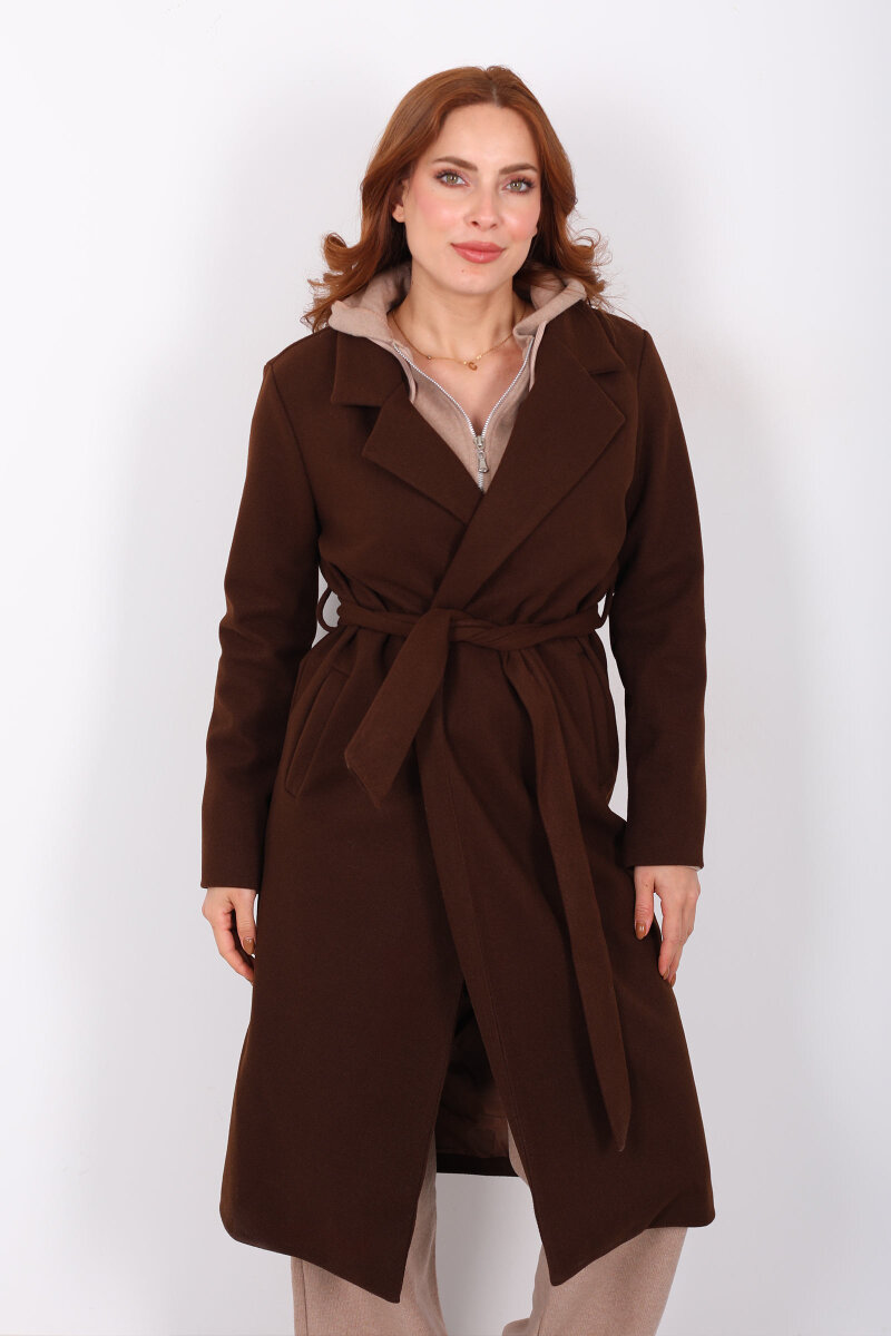 Kuşaklı Kaşe Kahverengi Kadın Kaban - 7